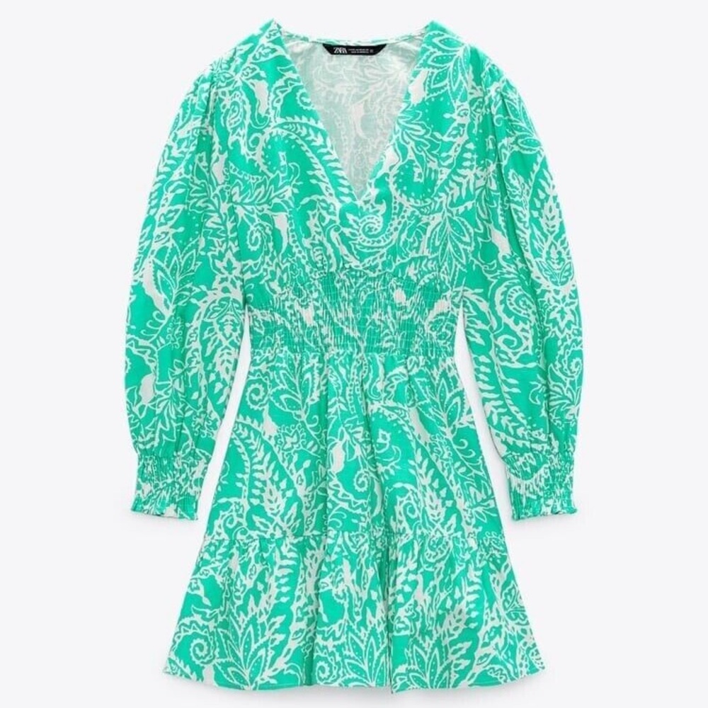 Zara Linen Blend Paisley Green Ruffle Mini Dress